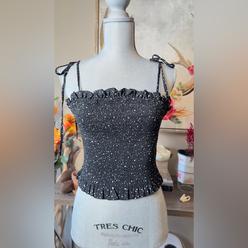 English Factory Black White Smocked Crop Top Shoulder Tie